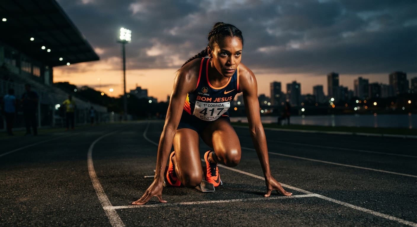 Atleta em posição de largada sob a luz dourada do amanhecer
