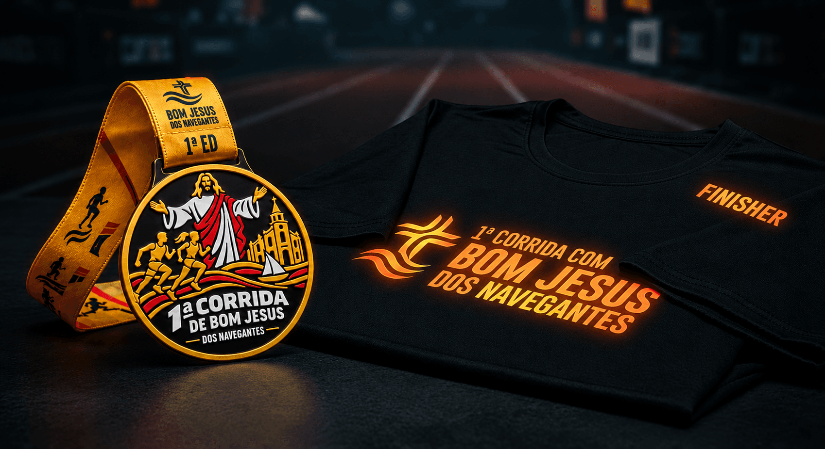 Medalha finisher em metal com fita laranja ao lado da camiseta técnica do evento